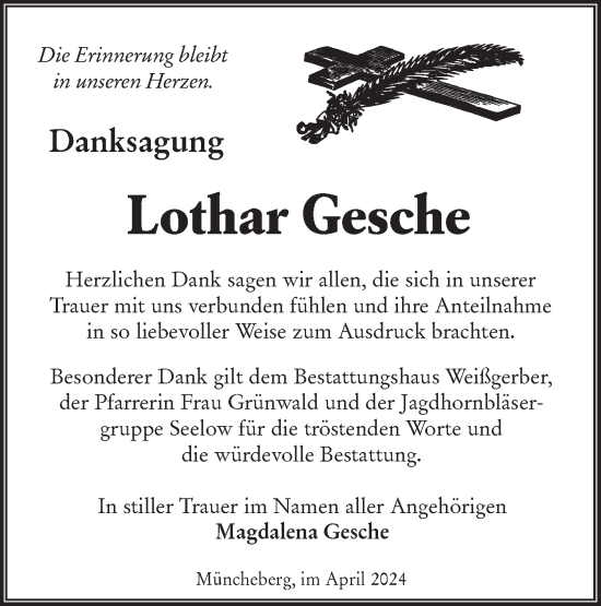 Traueranzeige von Lothar Gesche von Märkische Oderzeitung