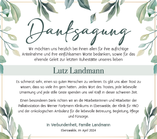 Traueranzeige von Lutz Landmann von Märkische Oderzeitung