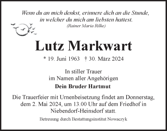 Traueranzeige von Lutz Markwart von Märkische Oderzeitung
