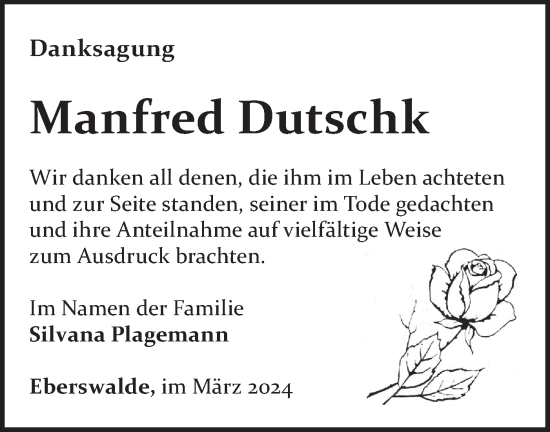 Traueranzeige von Manfred Dutschk von Märkische Oderzeitung
