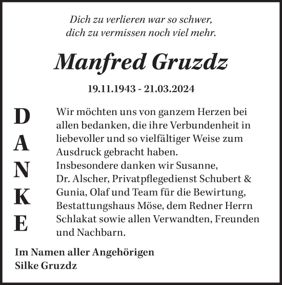 Traueranzeige von Manfred Gruzdz von Märkische Oderzeitung