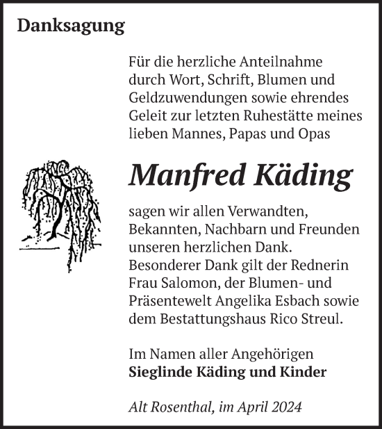 Traueranzeige von Manfred Käding von Märkische Oderzeitung