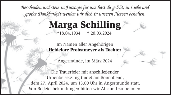 Traueranzeige von Marga Schilling von Märkische Oderzeitung