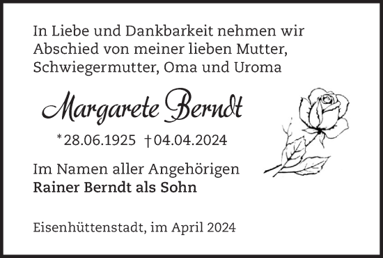 Traueranzeige von Margarete Berndt von Märkische Oderzeitung
