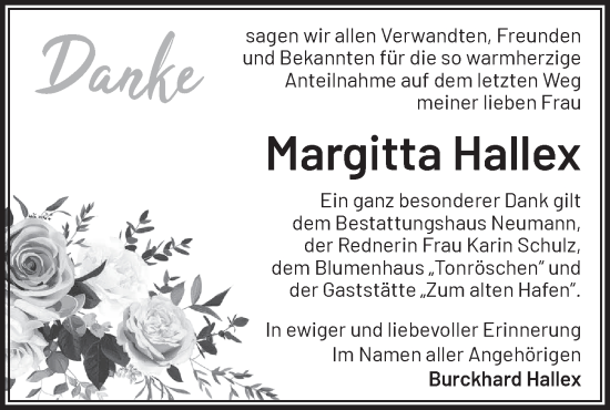 Traueranzeige von Margitta Hallex von Märkische Oderzeitung