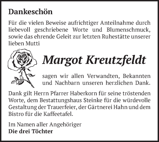 Traueranzeige von Margot Kreutzfeldt von Märkische Oderzeitung