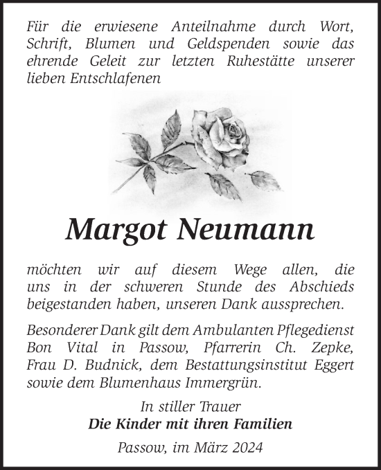 Traueranzeige von Margot Neumann von Märkische Oderzeitung