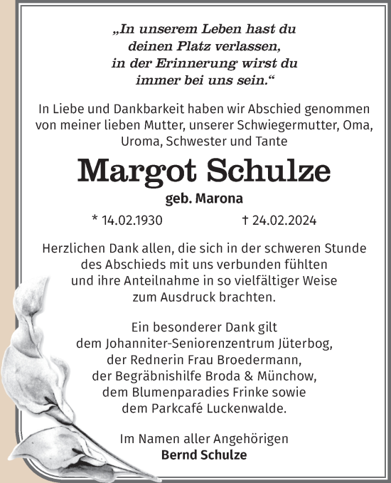 Traueranzeige von Margot Schulze von Märkische Oderzeitung