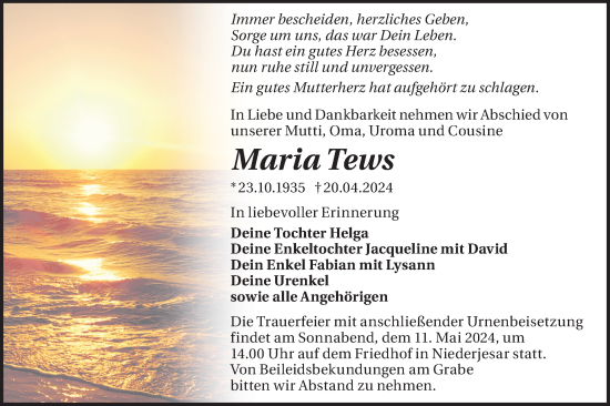 Traueranzeige von Maria Tews von Märkische Oderzeitung