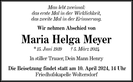 Traueranzeige von Maria Helga Meyer von Märkische Oderzeitung