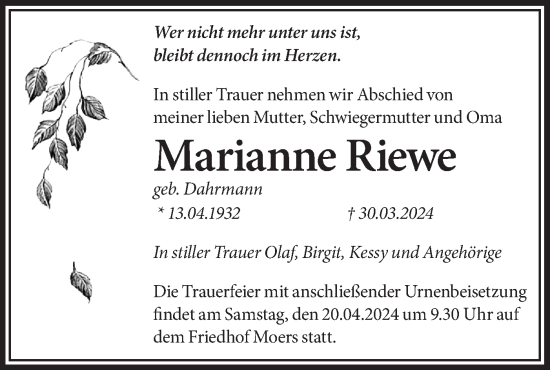 Traueranzeige von Marianne Riewe von Märkische Oderzeitung