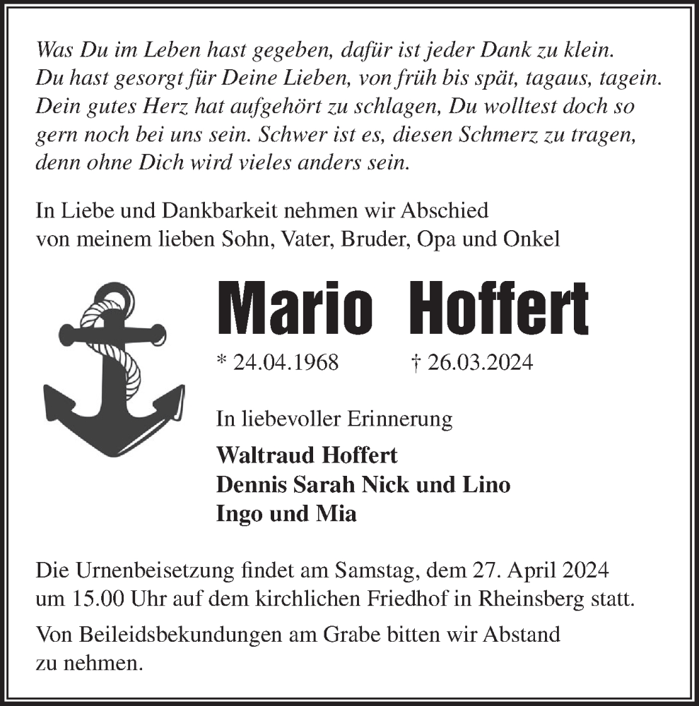  Traueranzeige für Mario Hoffert vom 20.04.2024 aus Märkische Oderzeitung