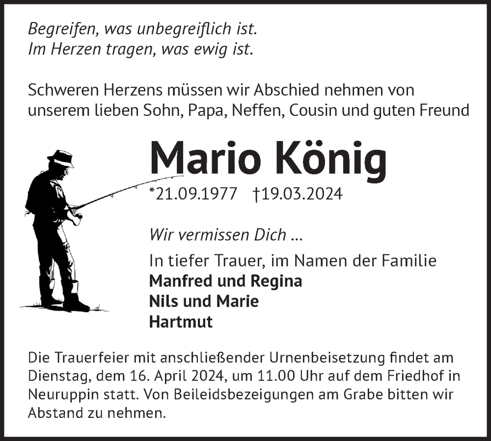  Traueranzeige für Mario König vom 06.04.2024 aus Märkische Oderzeitung