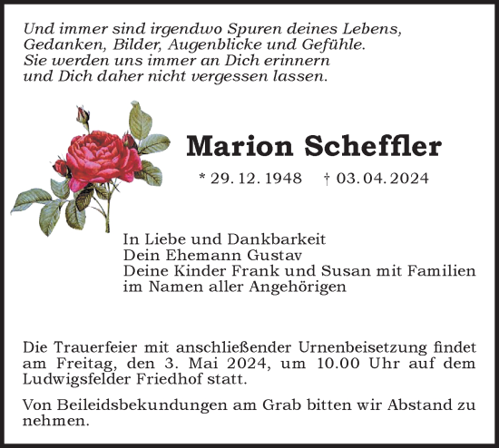 Traueranzeige von Marion Scheffler von Märkische Oderzeitung