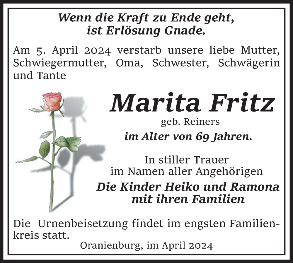  Traueranzeige für Marita Fritz vom 20.04.2024 aus Märkische Oderzeitung