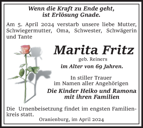 Traueranzeige von Marita Fritz von Märkische Oderzeitung