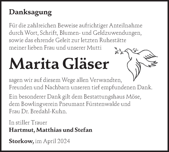 Traueranzeige von Marita Gläser von Märkische Oderzeitung