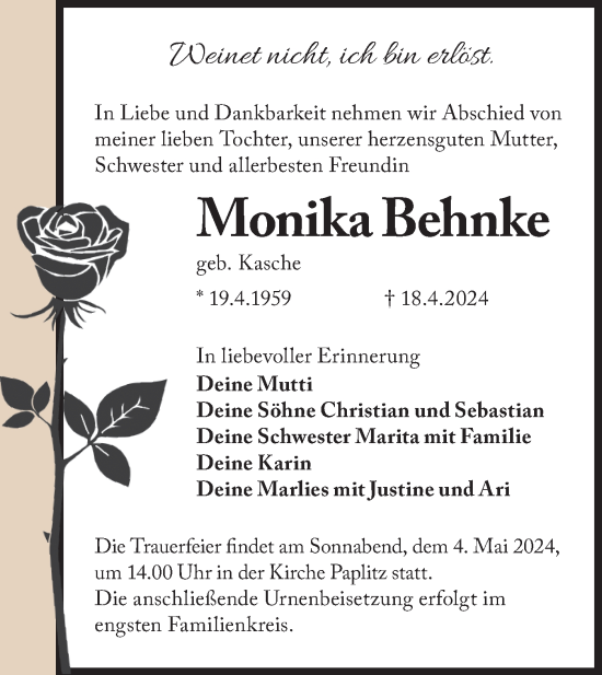 Traueranzeige von Monika Behnke von Märkische Oderzeitung