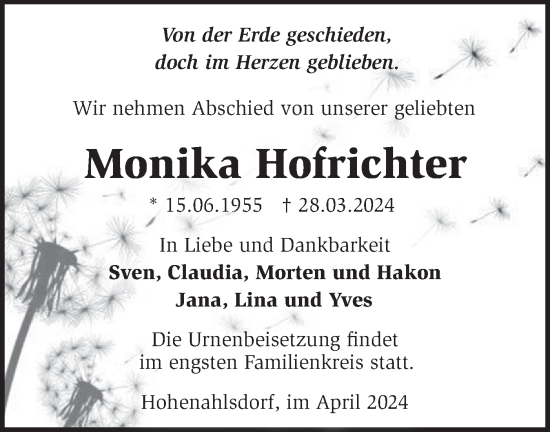 Traueranzeige von Monika Hofrichter von Märkische Oderzeitung
