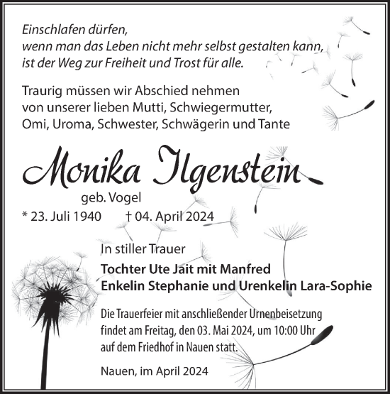 Traueranzeige von Monika Ilgenstein von Märkische Oderzeitung
