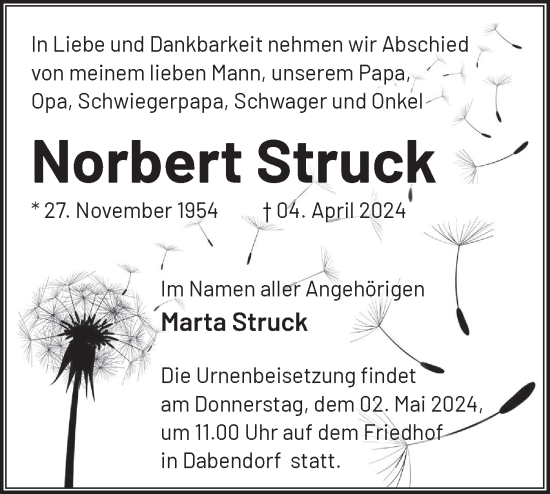 Traueranzeige von Norbert Struck von Märkische Oderzeitung