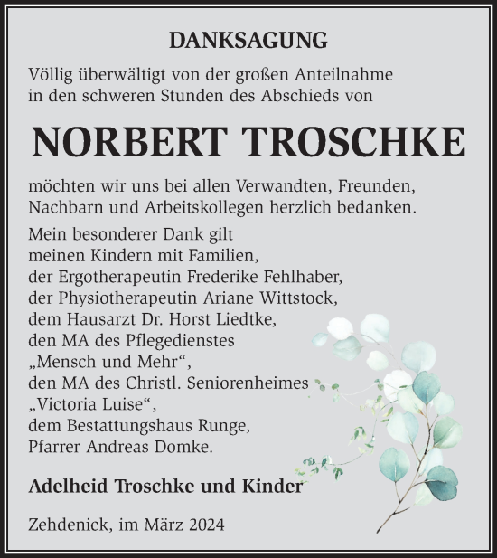 Traueranzeige von Norbert Troschke von Märkische Oderzeitung