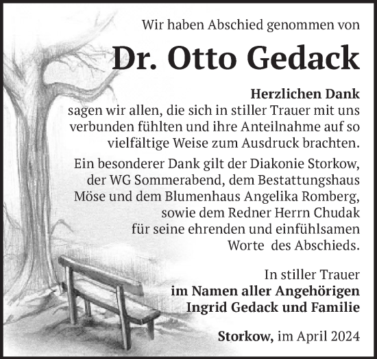 Traueranzeige von Otto Gedack von Märkische Oderzeitung