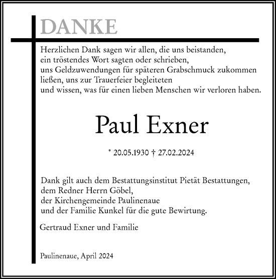 Traueranzeige von Paul Exner von Märkische Oderzeitung