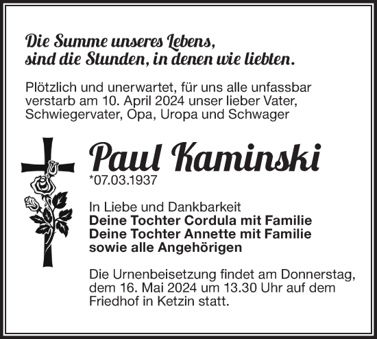 Traueranzeige von Paul Kaminski von Märkische Oderzeitung