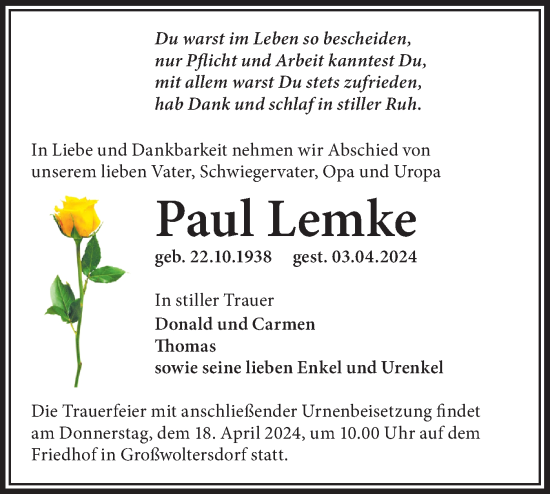 Traueranzeige von Paul Lemke von Märkische Oderzeitung