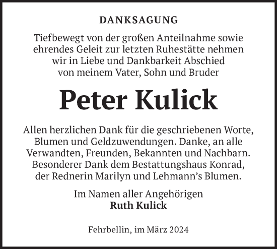 Traueranzeige von Peter Kulick von Märkische Oderzeitung