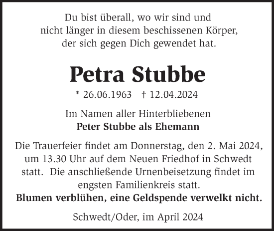 Traueranzeige von Petra Stubbe von Märkische Oderzeitung