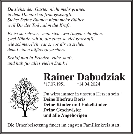 Traueranzeige von Rainer Dabudziak von Märkische Oderzeitung