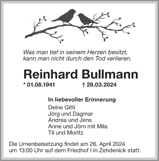 Traueranzeige von Reinhard Bullmann von Märkische Oderzeitung