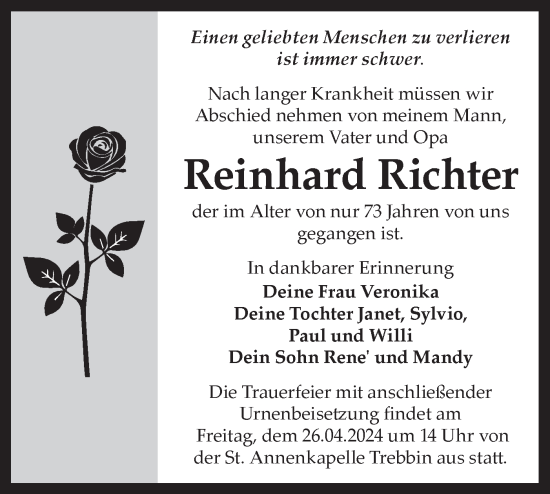 Traueranzeige von Reinhard Richter von Märkische Oderzeitung