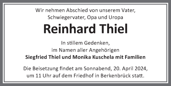 Traueranzeige von Reinhard Thiel von Märkische Oderzeitung