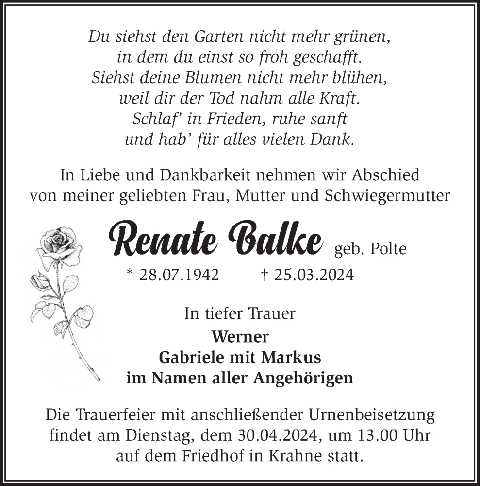  Traueranzeige für Renate Balke vom 20.04.2024 aus Märkische Oderzeitung