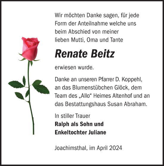 Traueranzeige von Renate Beitz von Märkische Oderzeitung