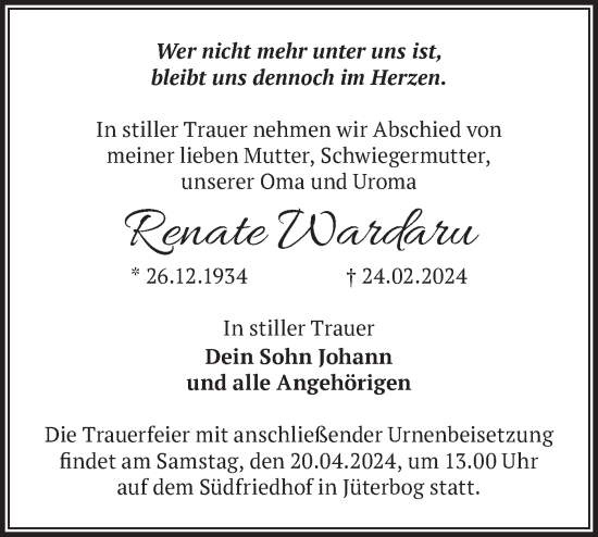 Traueranzeige von Renate Wardaru von Märkische Oderzeitung