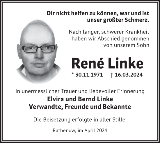 Traueranzeige von Rene Linke von Märkische Oderzeitung