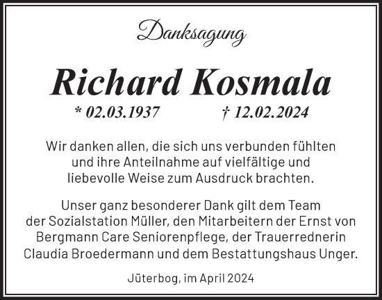 Traueranzeige von Richard Kosmala von Märkische Oderzeitung