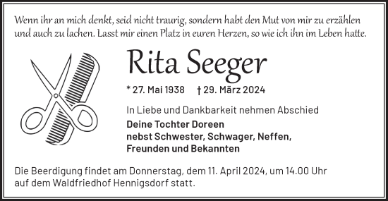 Traueranzeige von Rita Seeger von Märkische Oderzeitung