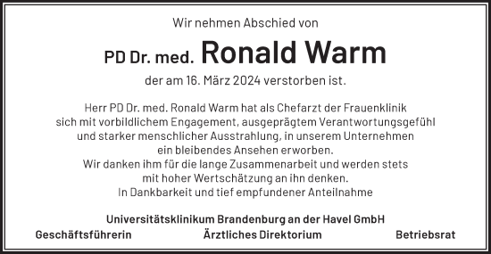 Traueranzeige von Ronald Warm von Märkische Oderzeitung