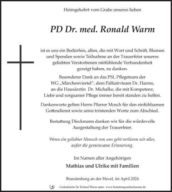 Traueranzeige von Ronald Warm von Märkische Oderzeitung