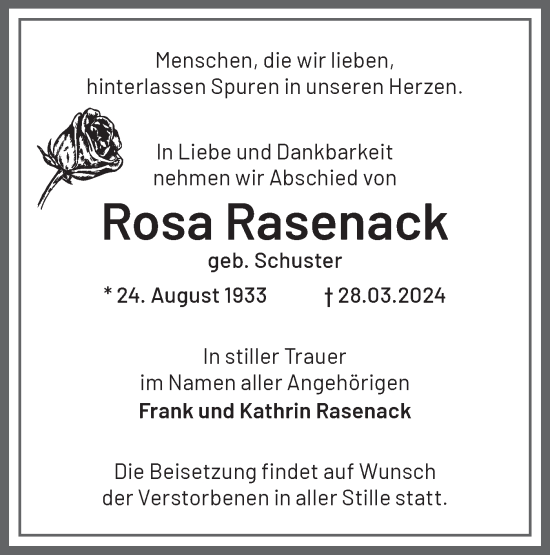 Traueranzeige von Rosa Rasenack von Märkische Oderzeitung