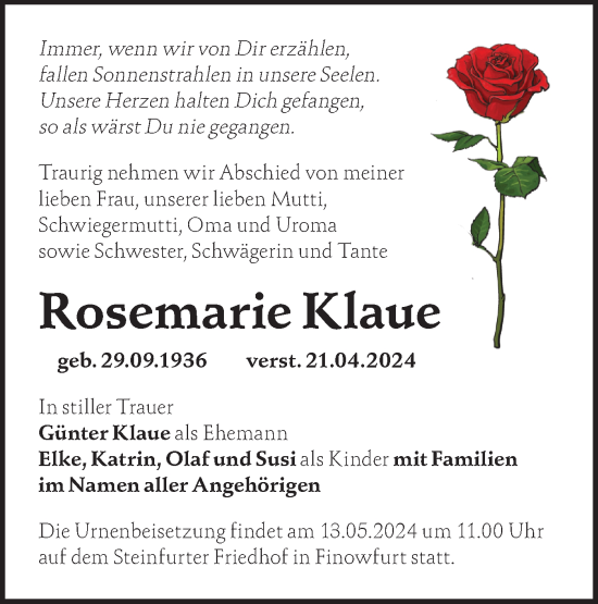 Traueranzeige von Rosemarie Klaue von Märkische Oderzeitung