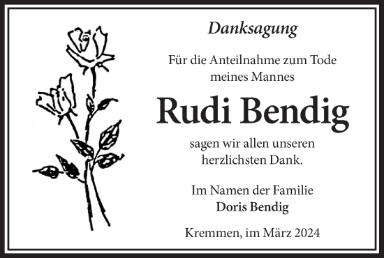 Traueranzeige von Rudi Bendig von Märkische Oderzeitung