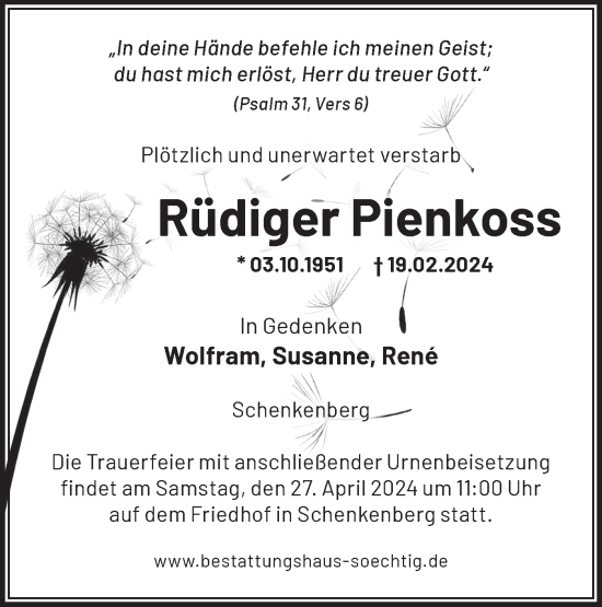 Traueranzeige von Rüdiger Pienkoss von Märkische Oderzeitung