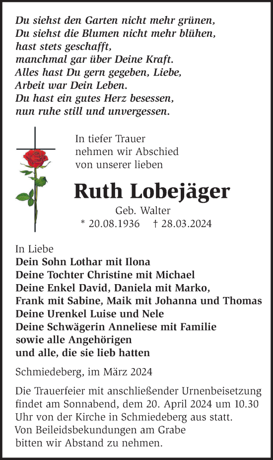 Traueranzeige von Ruth Lobejäger von Märkische Oderzeitung