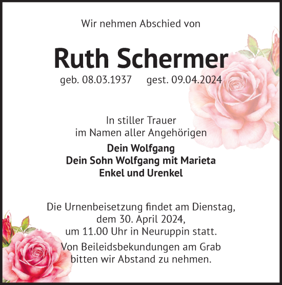 Anzeige Ruth Schermer